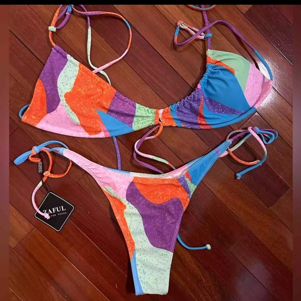Zaful Bikini Colorful Colorblock High Rise Cheeky